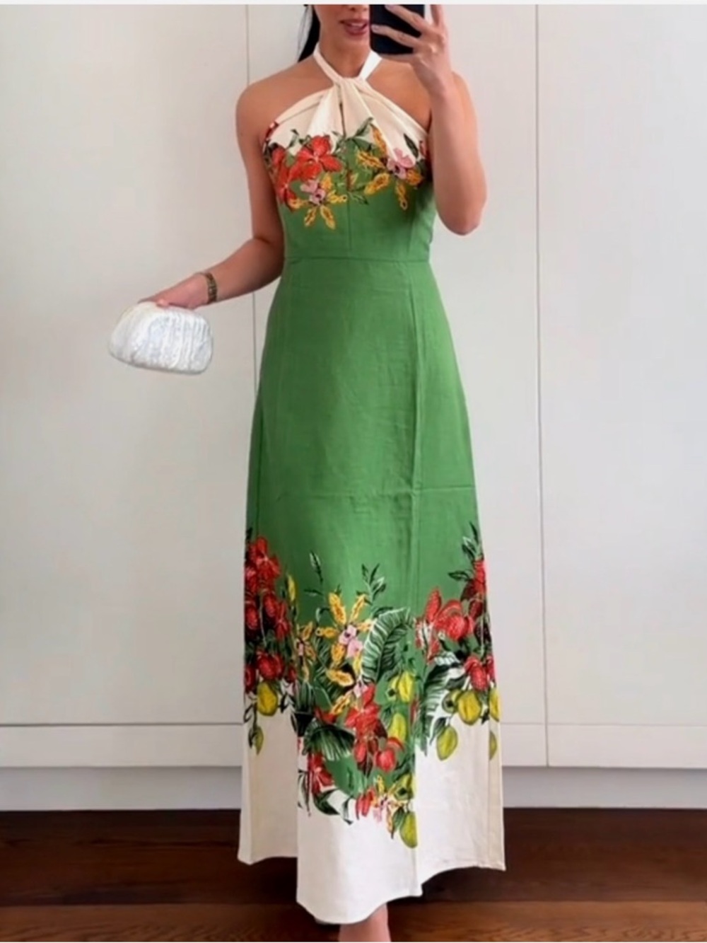 H&M Premium women's Linen-blend Green and Floral Midi Dress - Picture 6 of 15